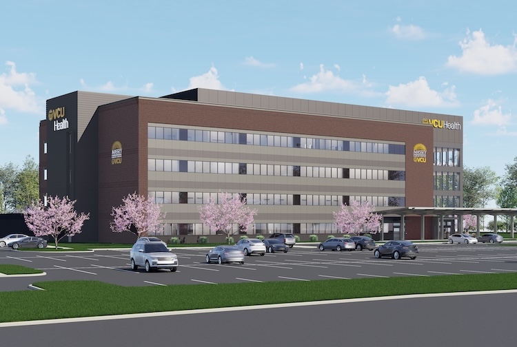 주차장 중앙에 있는 건물 렌더링