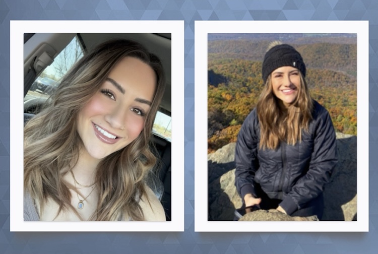 여성 사진 두 장. 공개된 사진 속 그녀는 차 안에 앉아 있다. 다른 하나는 하이킹을 마치고 산 정상에서 웃고 있는 그녀의 모습입니다.