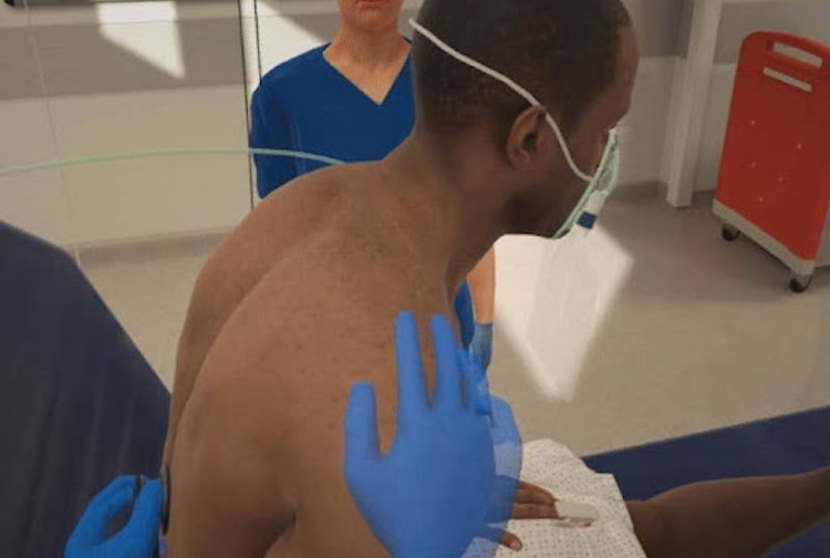 학생들이 헤드셋을 사용할 때 보는 내용을 보여주는 IVR 간호 시뮬레이션