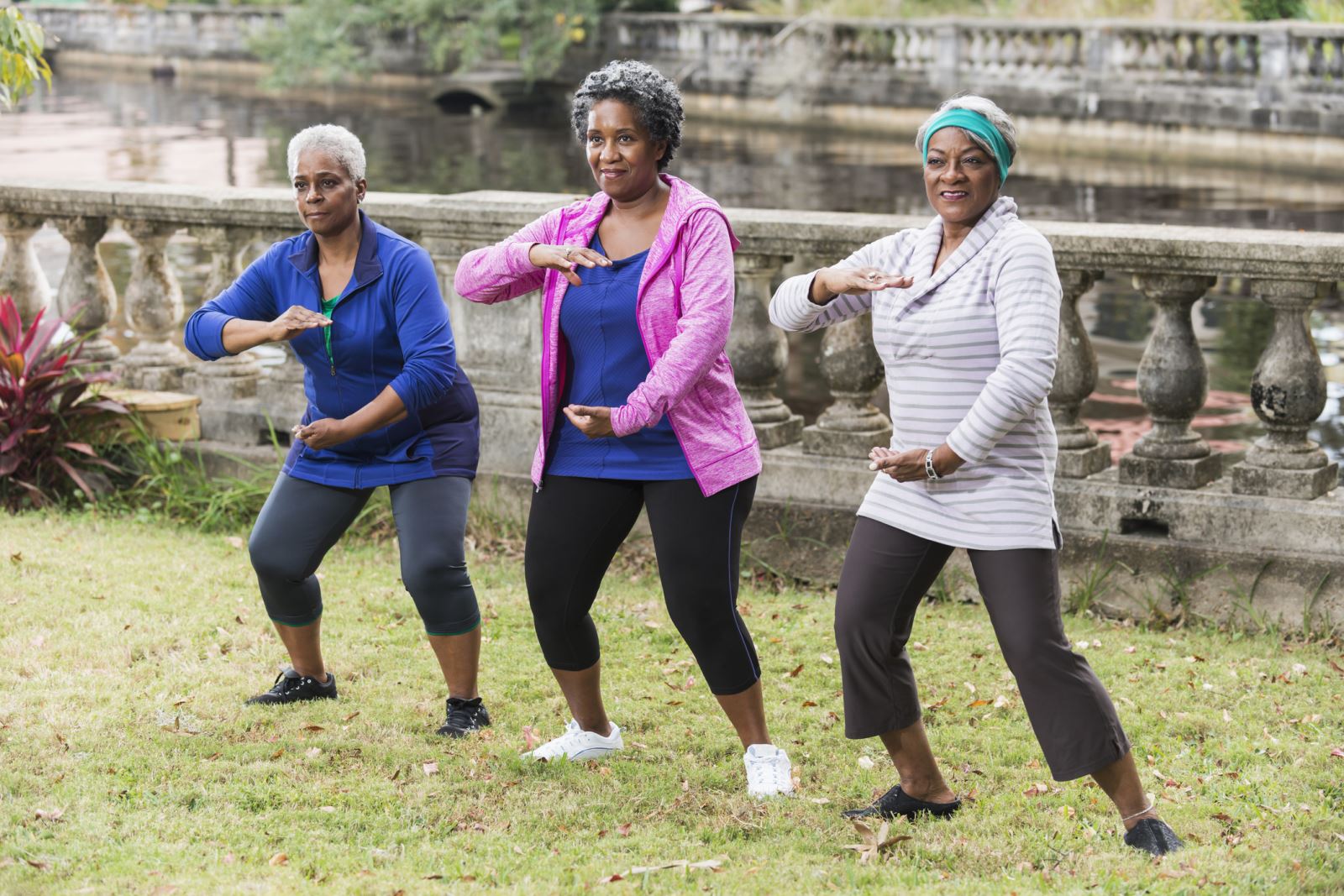 세 명의 여성이 잔디밭에서 태극권을 하고 있습니다.